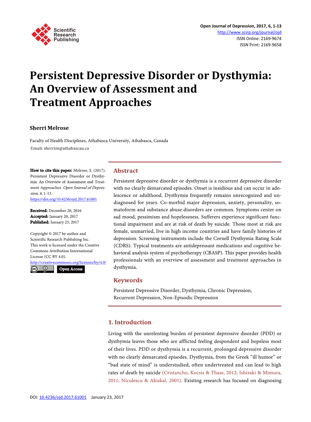 Persistent Depressive Disorder Or Dysthymia: an Overview of Assessment and Treatment Approaches