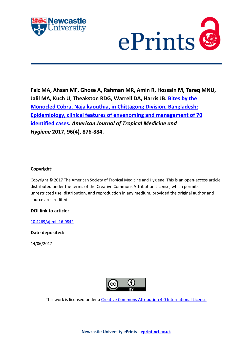 Bites by the Monocled Cobra, Naja Kaouthia, in Chittagong Division, Bangladesh: Epidemiology, Clinical Features of Envenoming and Management of 70 Identified Cases