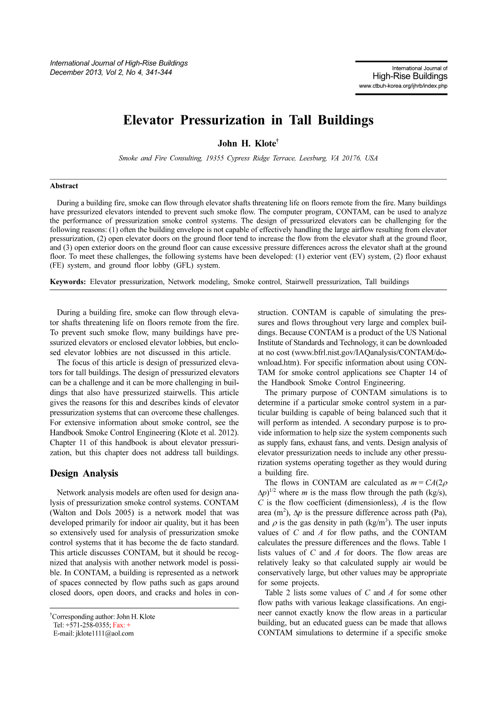 Elevator Pressurization in Tall Buildings John H