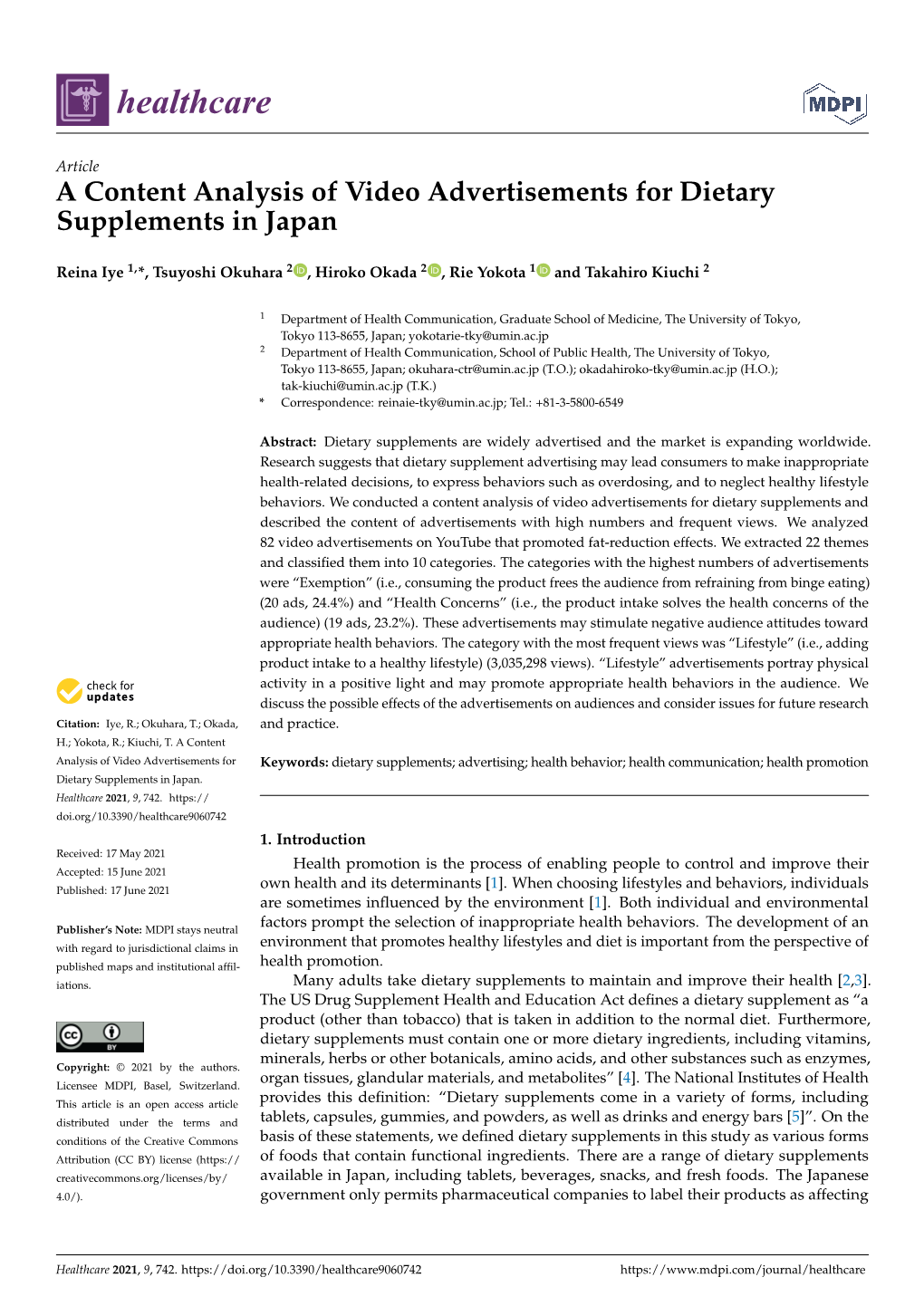 A Content Analysis of Video Advertisements for Dietary Supplements in Japan