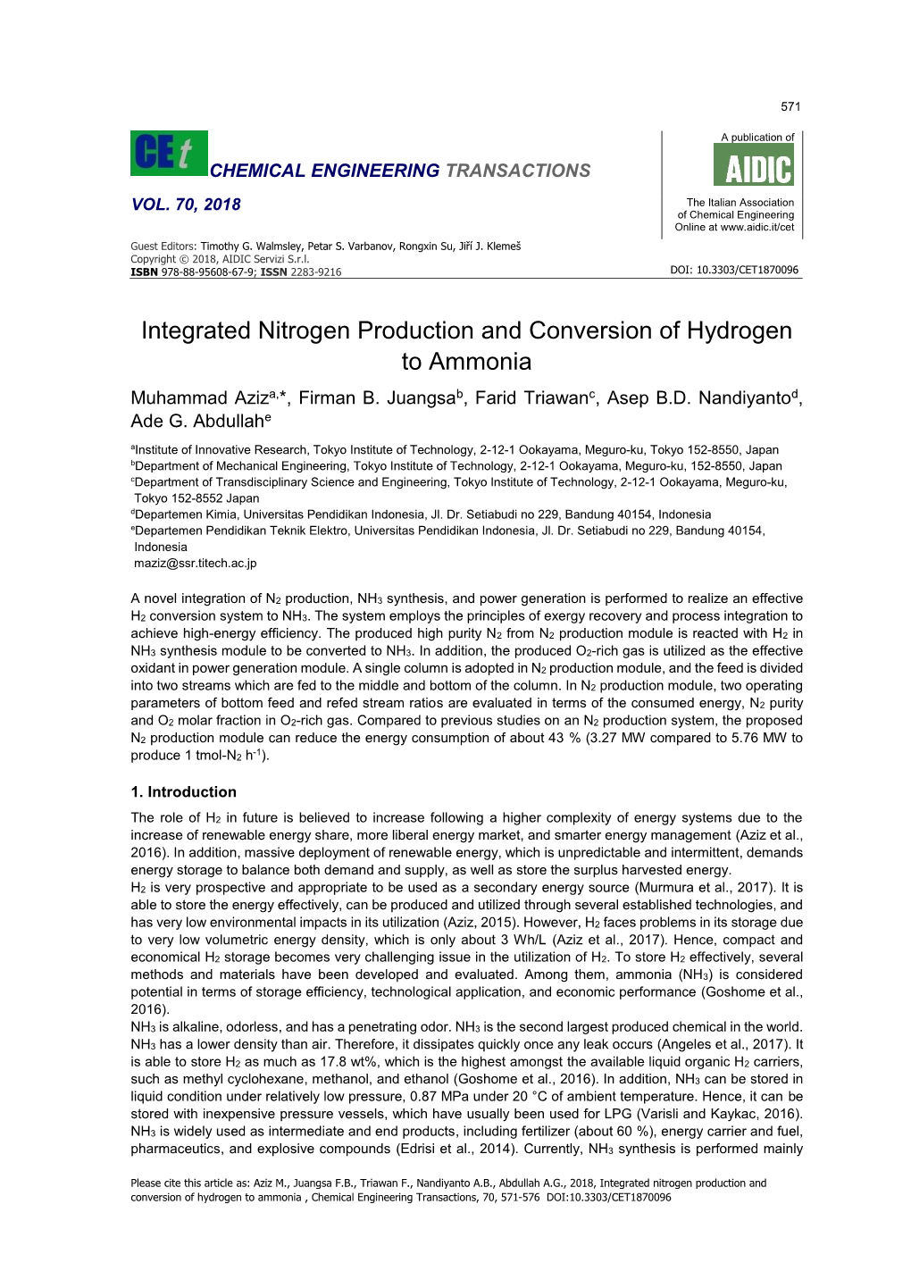 Integrated Nitrogen Production and Conversion of Hydrogen to Ammonia