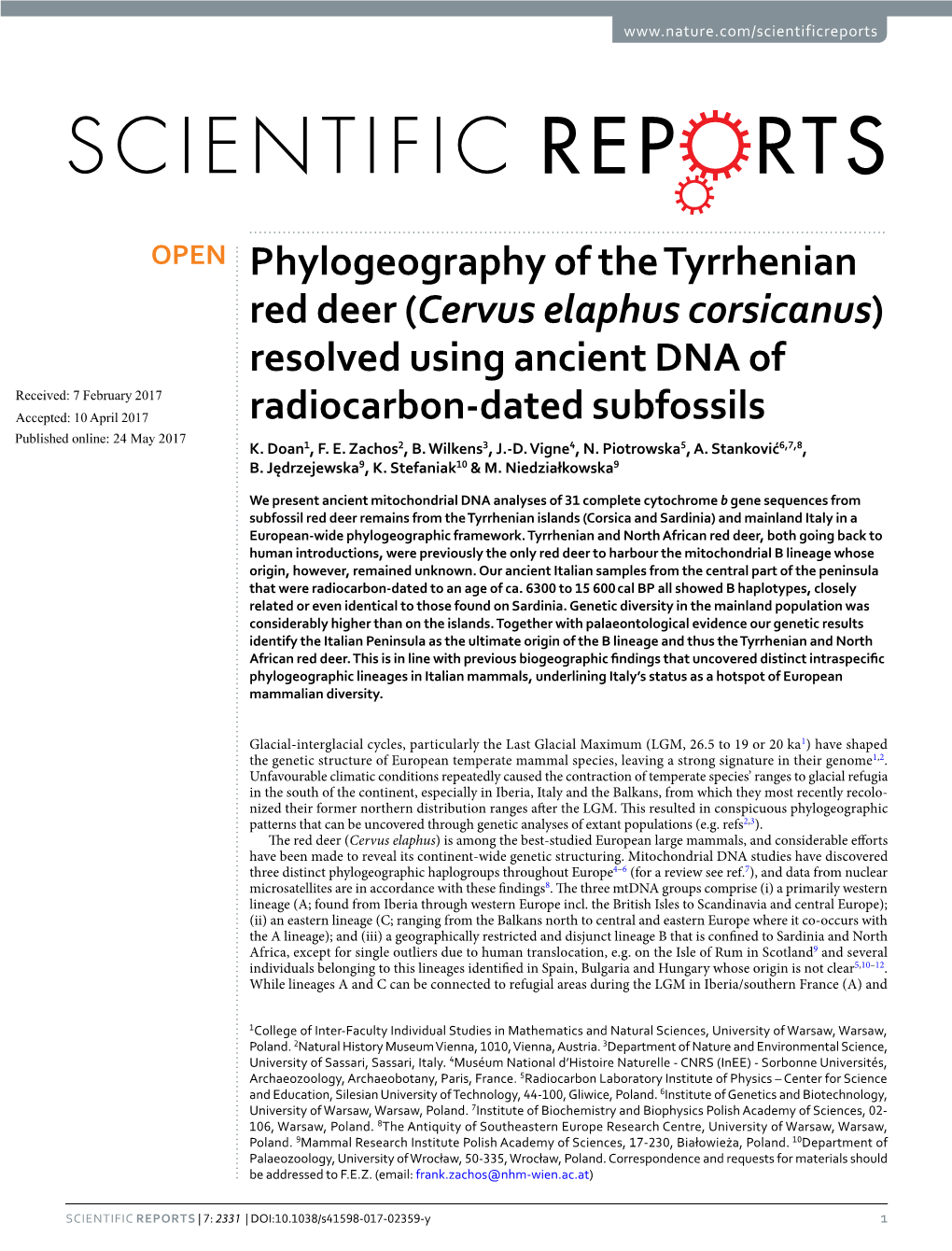 Phylogeography of the Tyrrhenian Red Deer (Cervus Elaphus