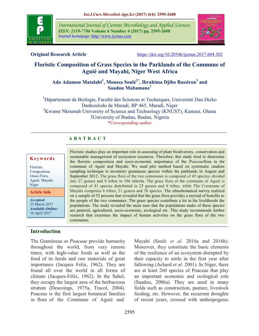 Floristic Composition of Grass Species in the Parklands of the Commune of Aguié and Mayahi, Niger West Africa