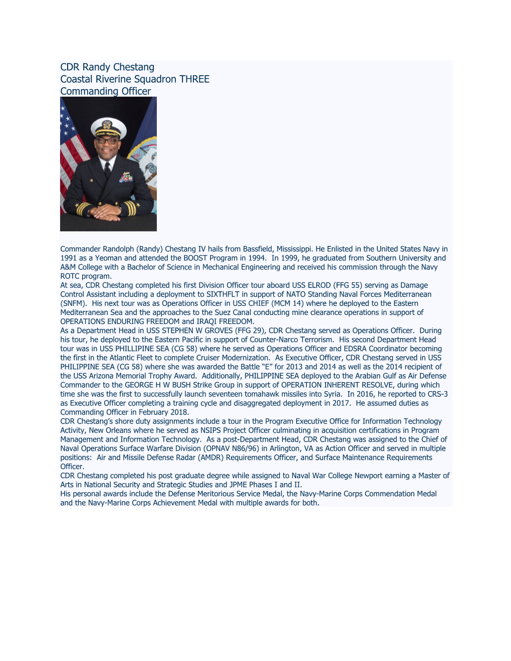 CDR Randy Chestang Coastal Riverine Squadron THREE Commanding Officer