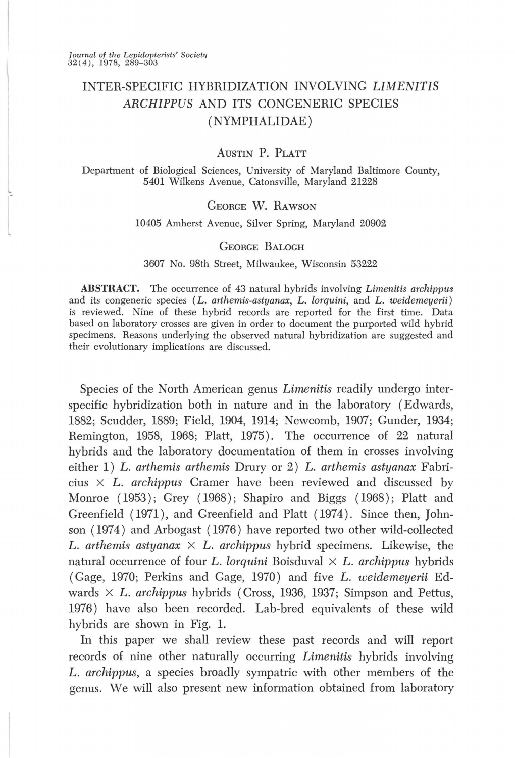 Inter-Specific Hybridization Involving Limenitis Archippus and Its Congeneric Species (Nymphalidae)