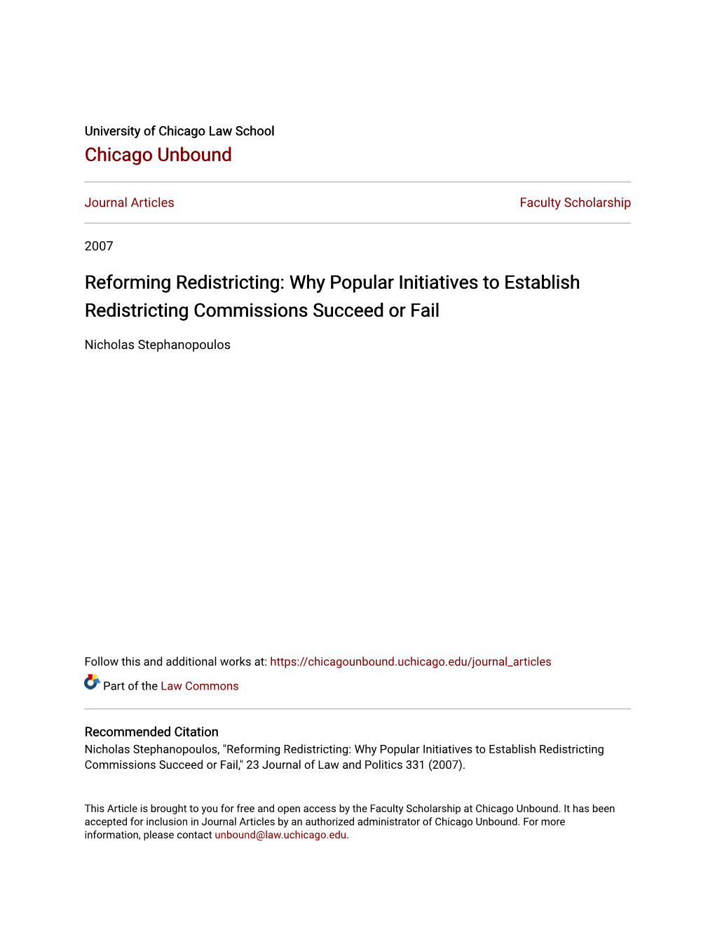 Reforming Redistricting: Why Popular Initiatives to Establish Redistricting Commissions Succeed Or Fail