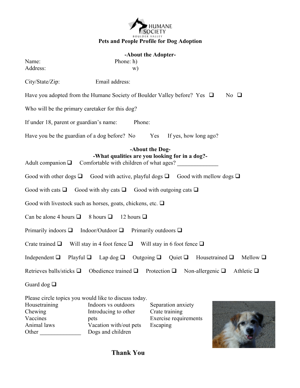 Pets and People Profile for Dog Adoption