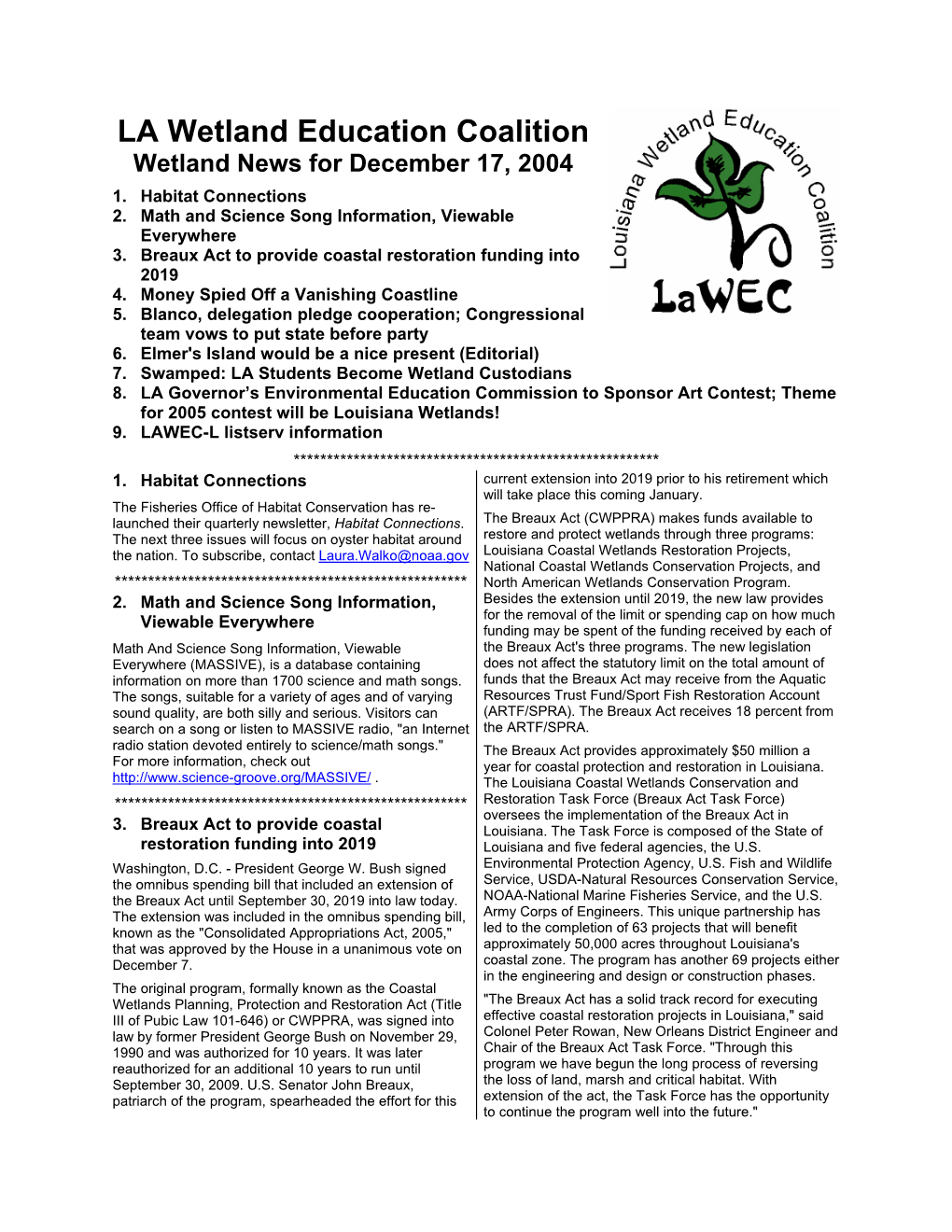 LA Wetland Education Coalition Wetland News for December 17, 2004