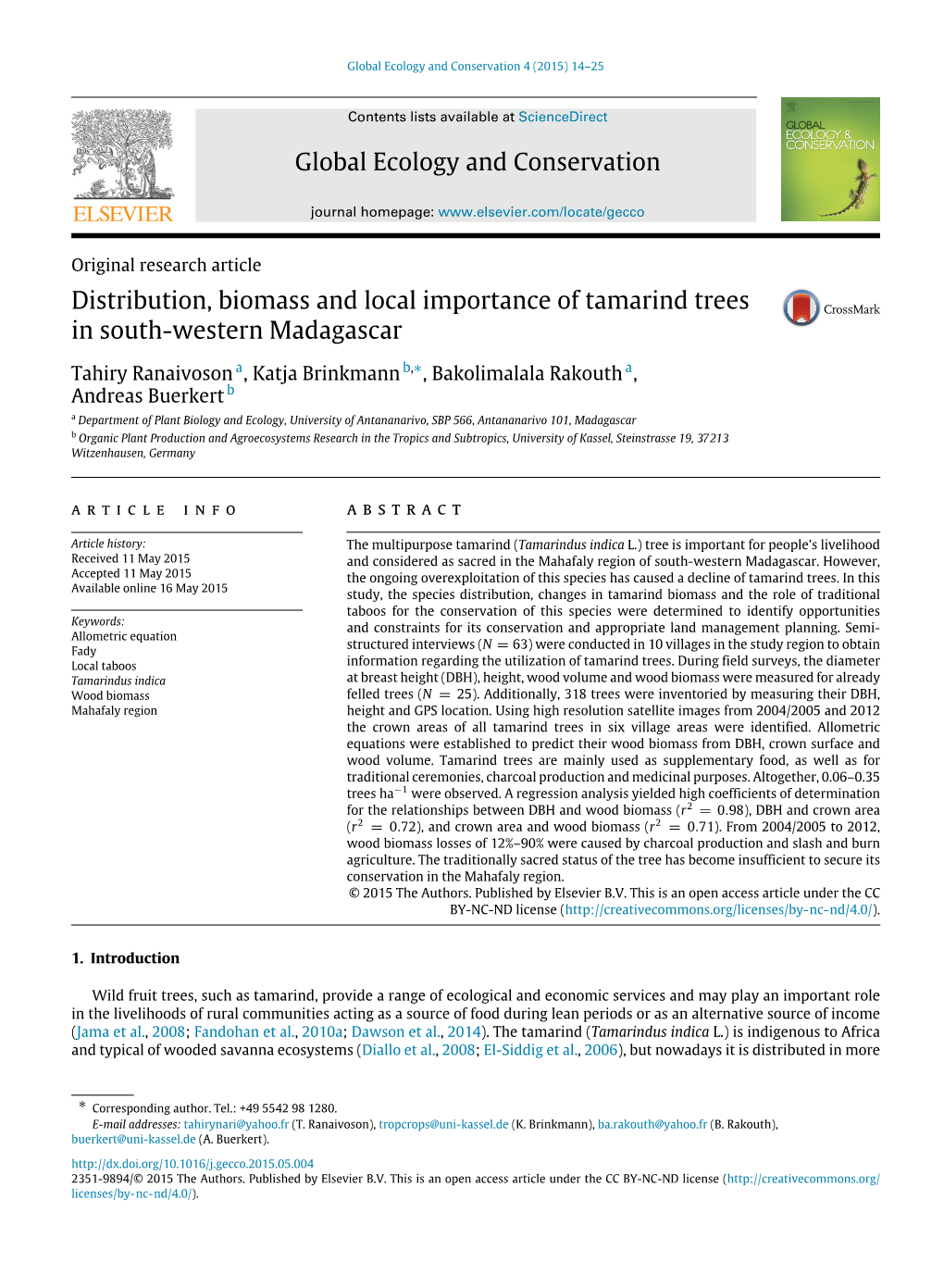 Distribution, Biomass and Local Importance of Tamarind Trees in South-Western Madagascar