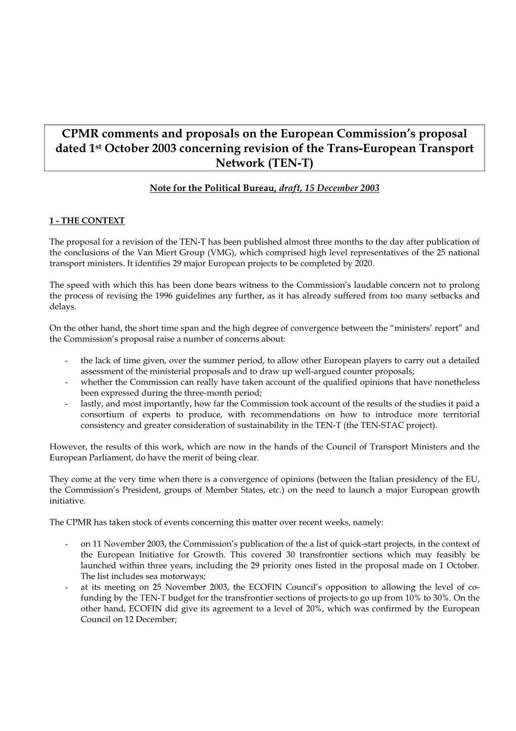 CPMR Comments and Proposals on the European Commission's