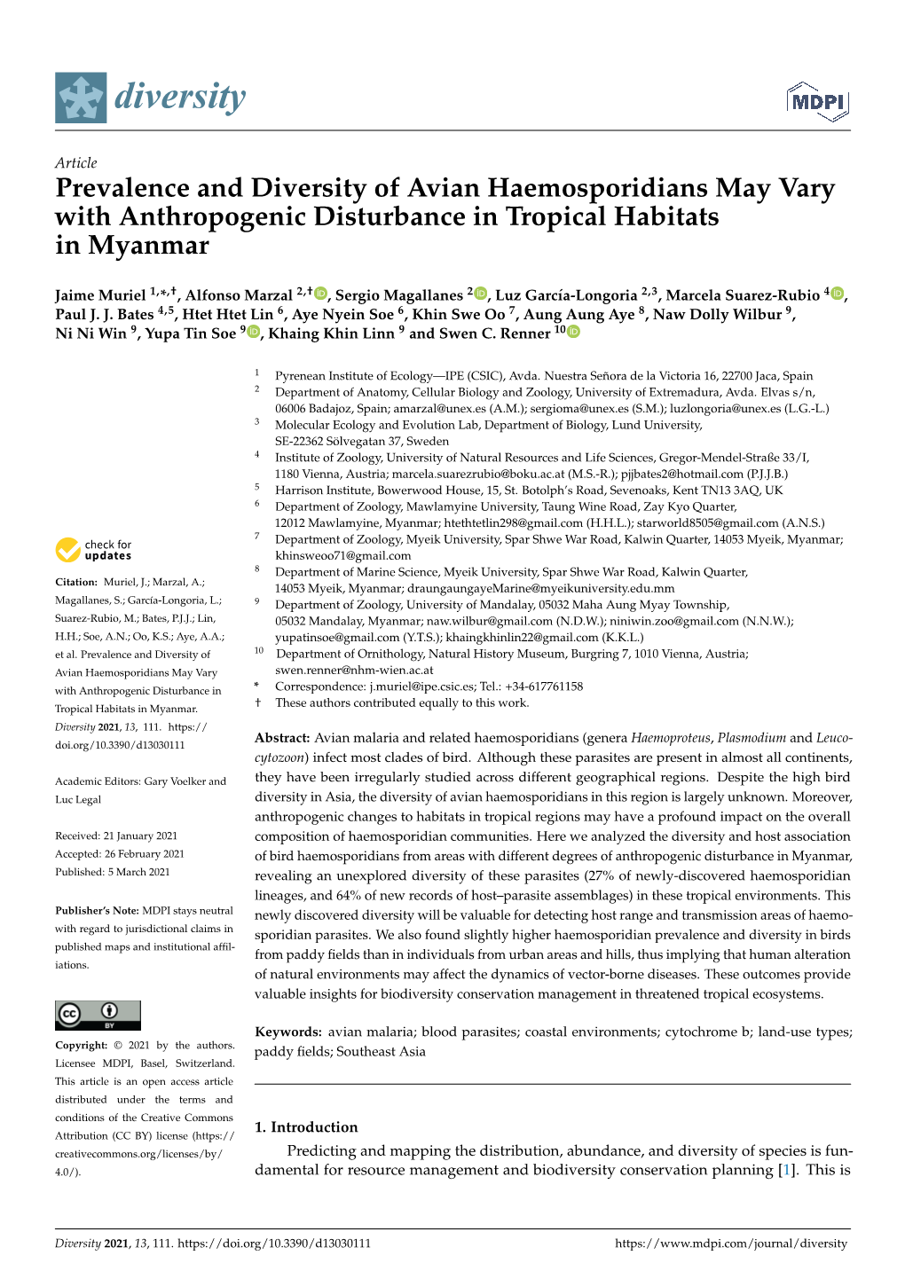 Prevalence and Diversity of Avian Haemosporidians May Vary with Anthropogenic Disturbance in Tropical Habitats in Myanmar