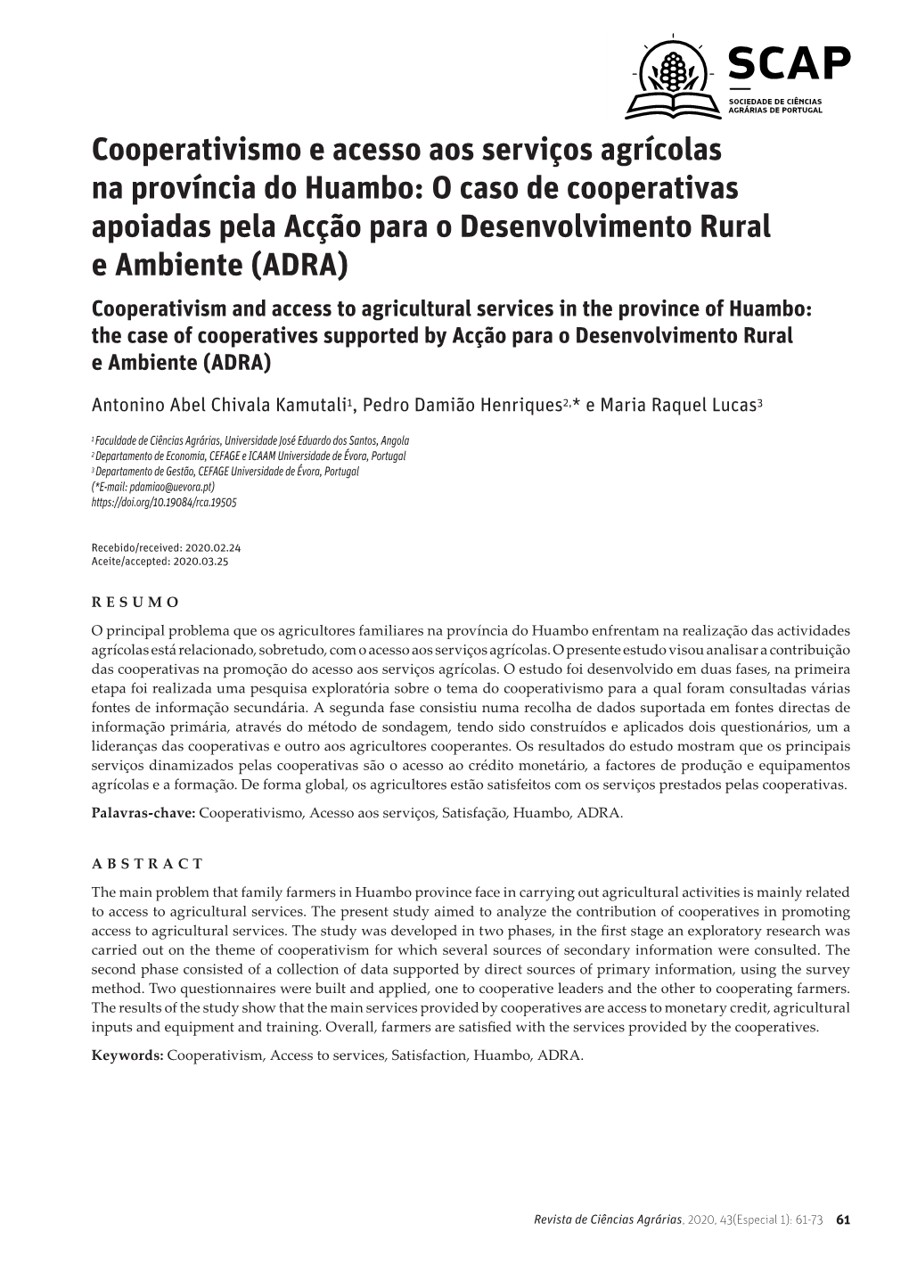 Cooperativismo E Acesso Aos Serviços Agrícolas Na Província Do Huambo