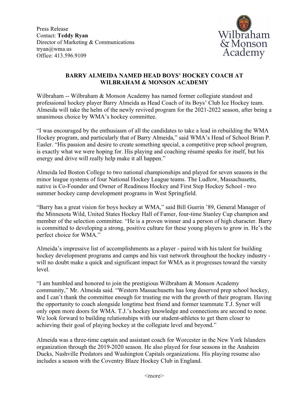 BARRY ALMEIDA NAMED HEAD BOYS' HOCKEY COACH at WILBRAHAM & MONSON ACADEMY Wilbraham -- Wilbraham & Monson Academy