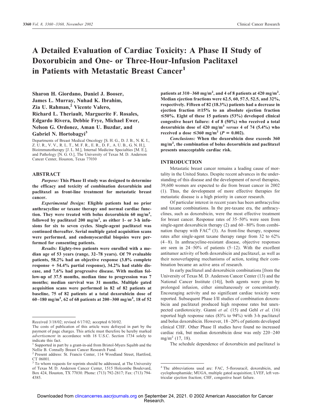 A Detailed Evaluation of Cardiac Toxicity: a Phase II Study of Doxorubicin and One- Or Three-Hour-Infusion Paclitaxel in Patients with Metastatic Breast Cancer1