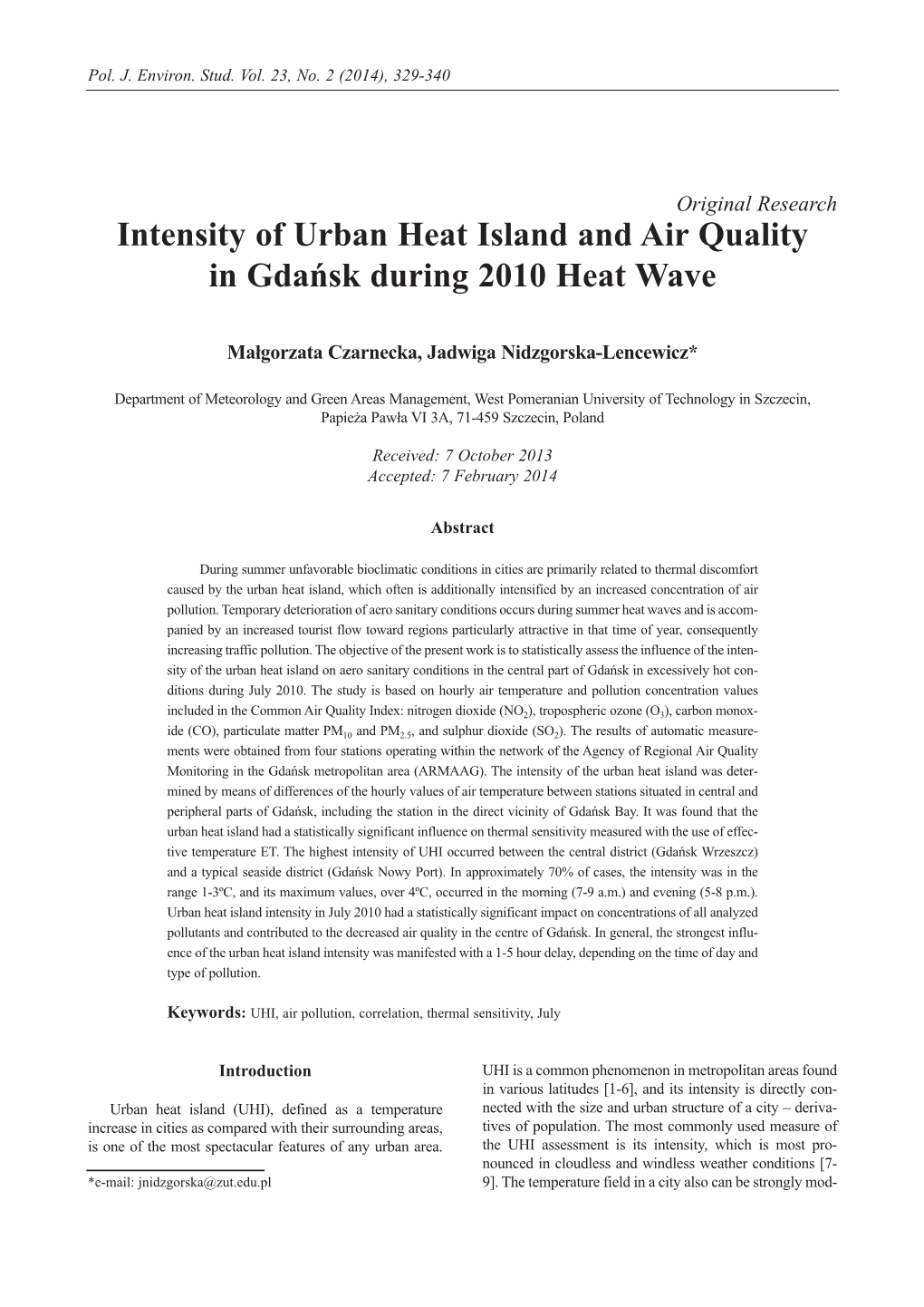 Intensity of Urban Heat Island and Air Quality in Gdańsk During 2010 Heat Wave