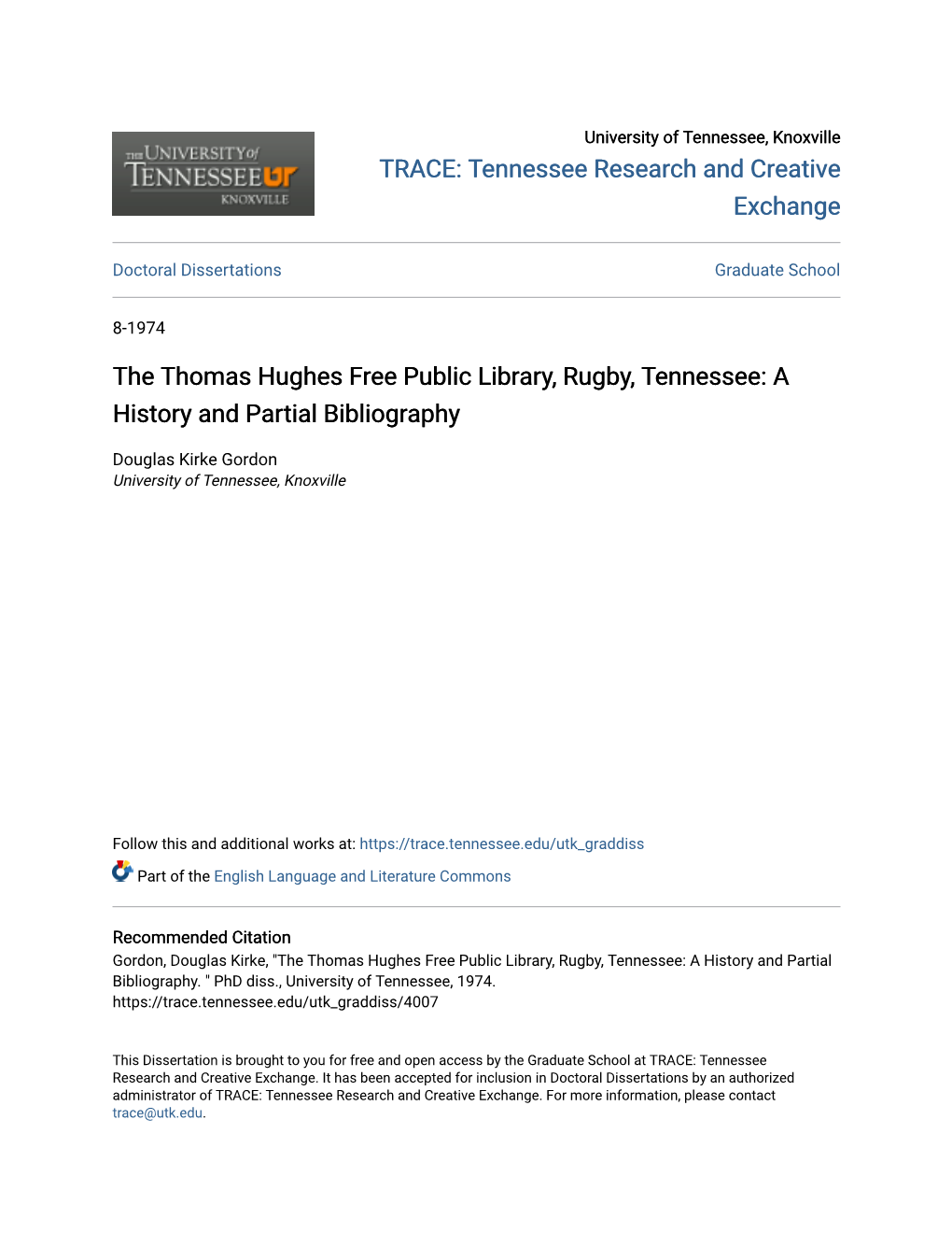 The Thomas Hughes Free Public Library, Rugby, Tennessee: a History and Partial Bibliography