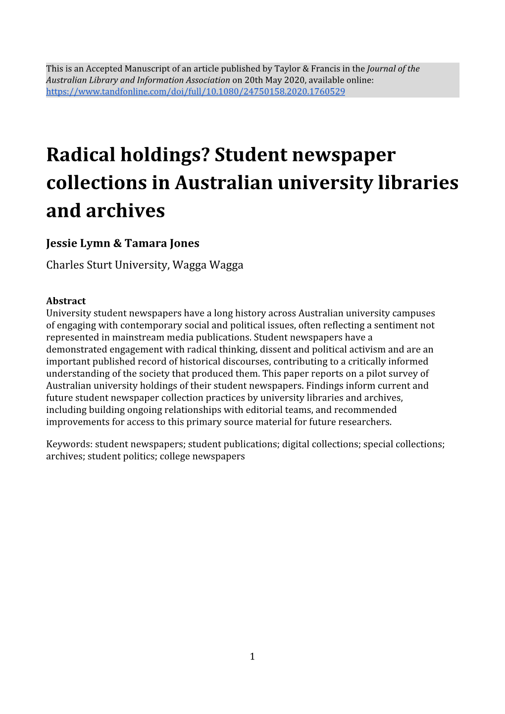 Student Newspaper Collections in Australian University Libraries and Archives