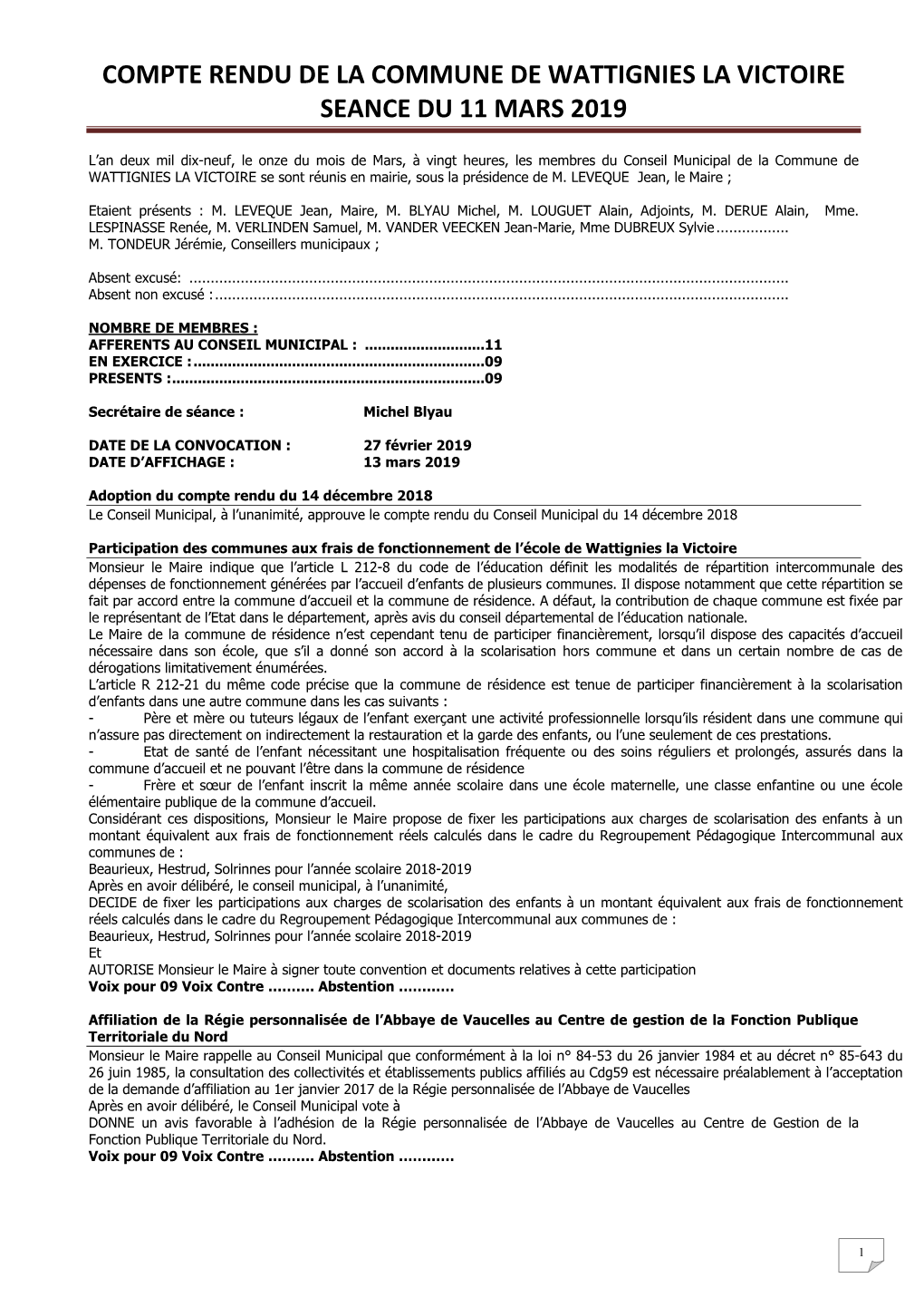 COMPTE RENDU DE LA COMMUNE DE WATTIGNIES LA VICTOIRE SEANCE DU 02 Février 2015