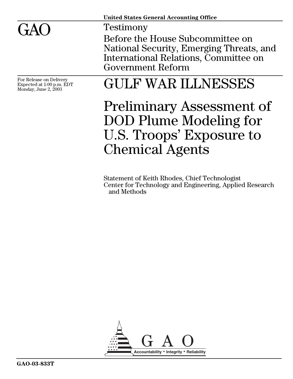 GAO-03-833T Gulf War Illnesses: Preliminary Assessment of DOD