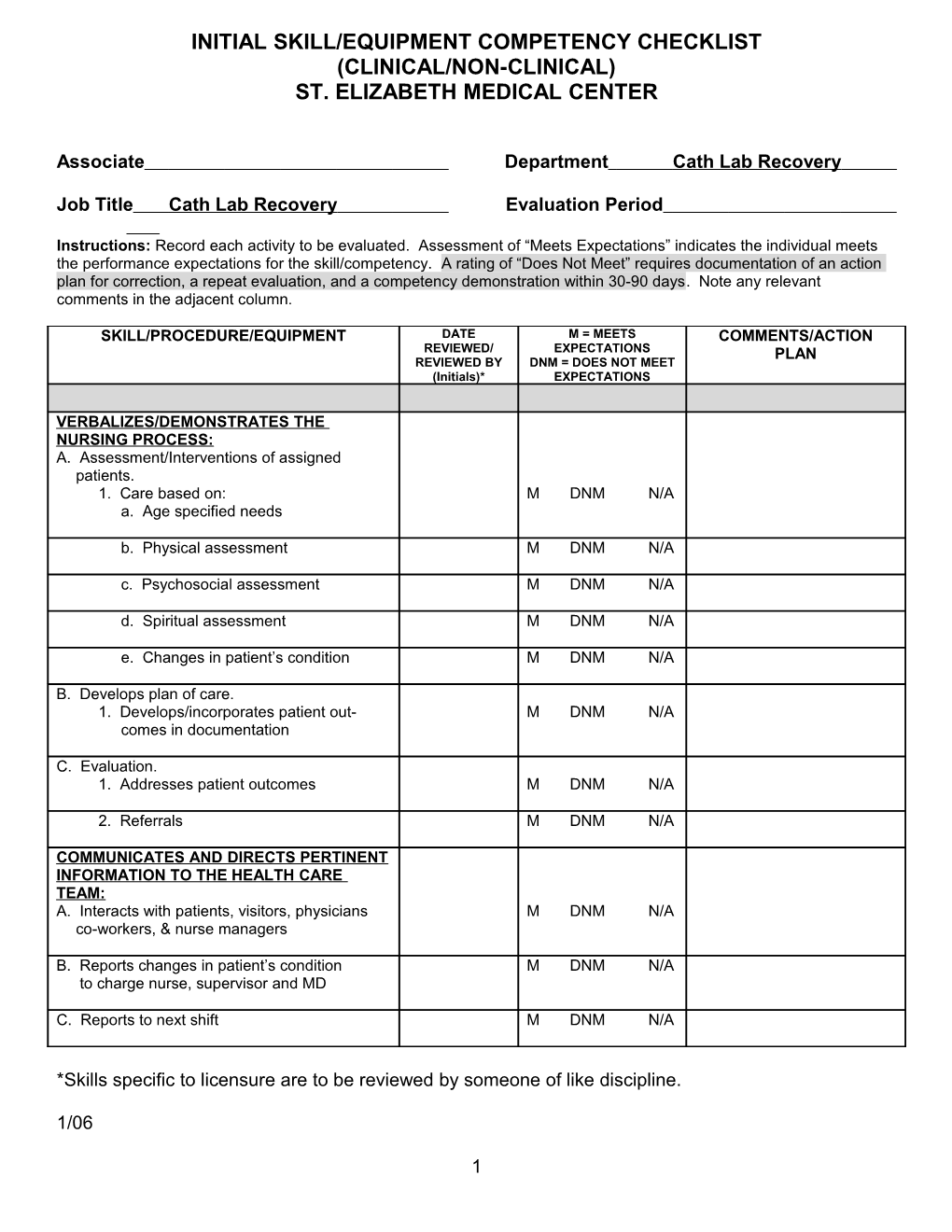 Initial Skill/Equipment Performance Checklist