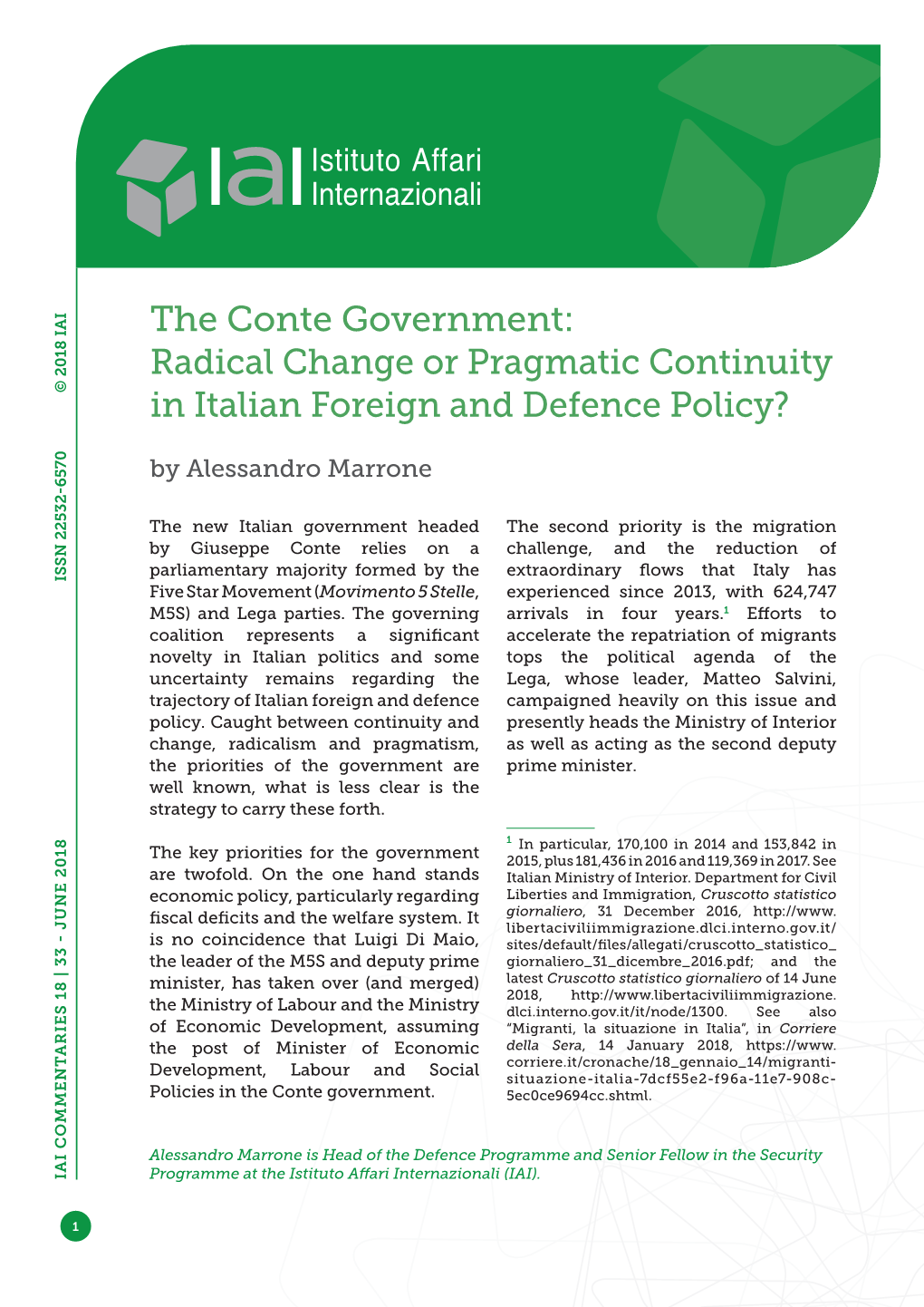 The Conte Government: Radical Change Or Pragmatic Continuity in Italian Foreign and Defence Policy?