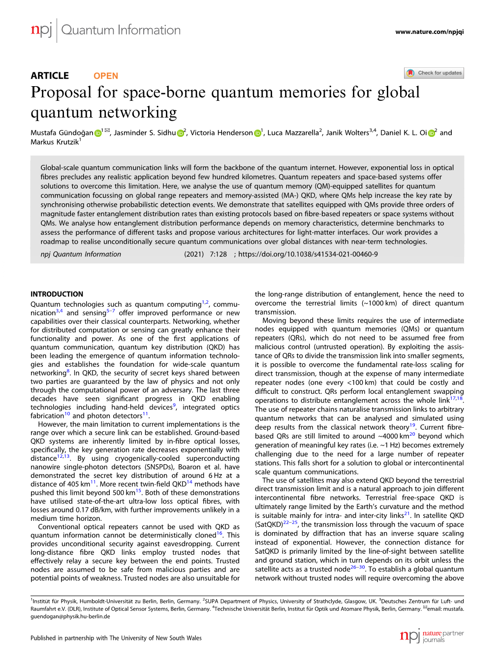 Proposal for Space-Borne Quantum Memories for Global Quantum Networking ✉ Mustafa Gündoğan 1 , Jasminder S