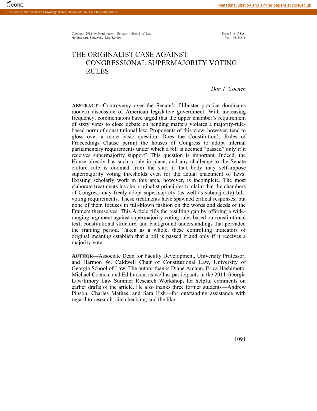 The Originalist Case Against Congressional Supermajority Voting Rules