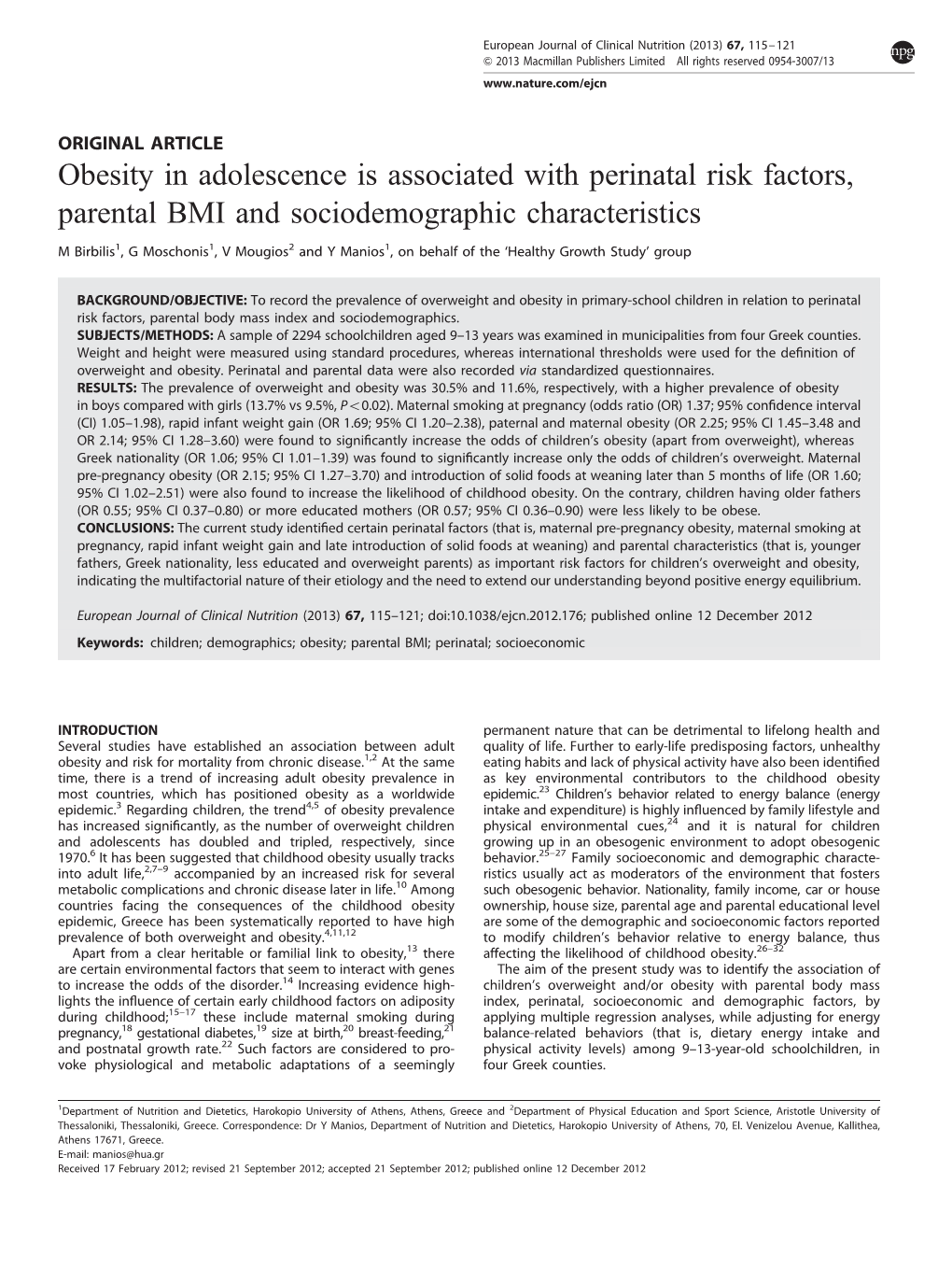 Obesity in Adolescence Is Associated with Perinatal Risk Factors, Parental BMI and Sociodemographic Characteristics