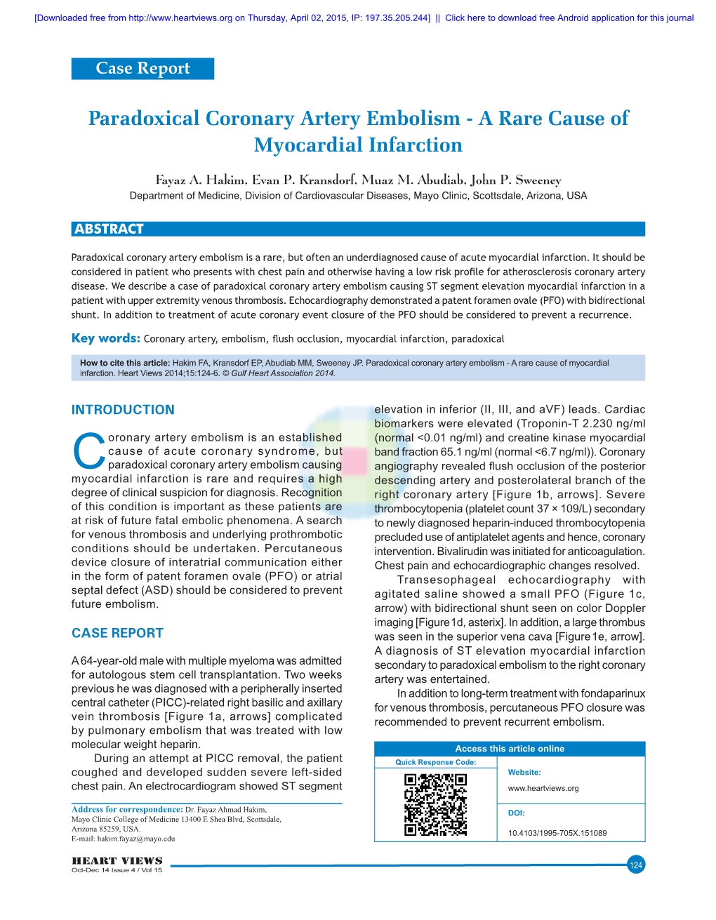 Paradoxical Coronary Artery Embolism ‑ a Rare Cause of Myocardial Infarction