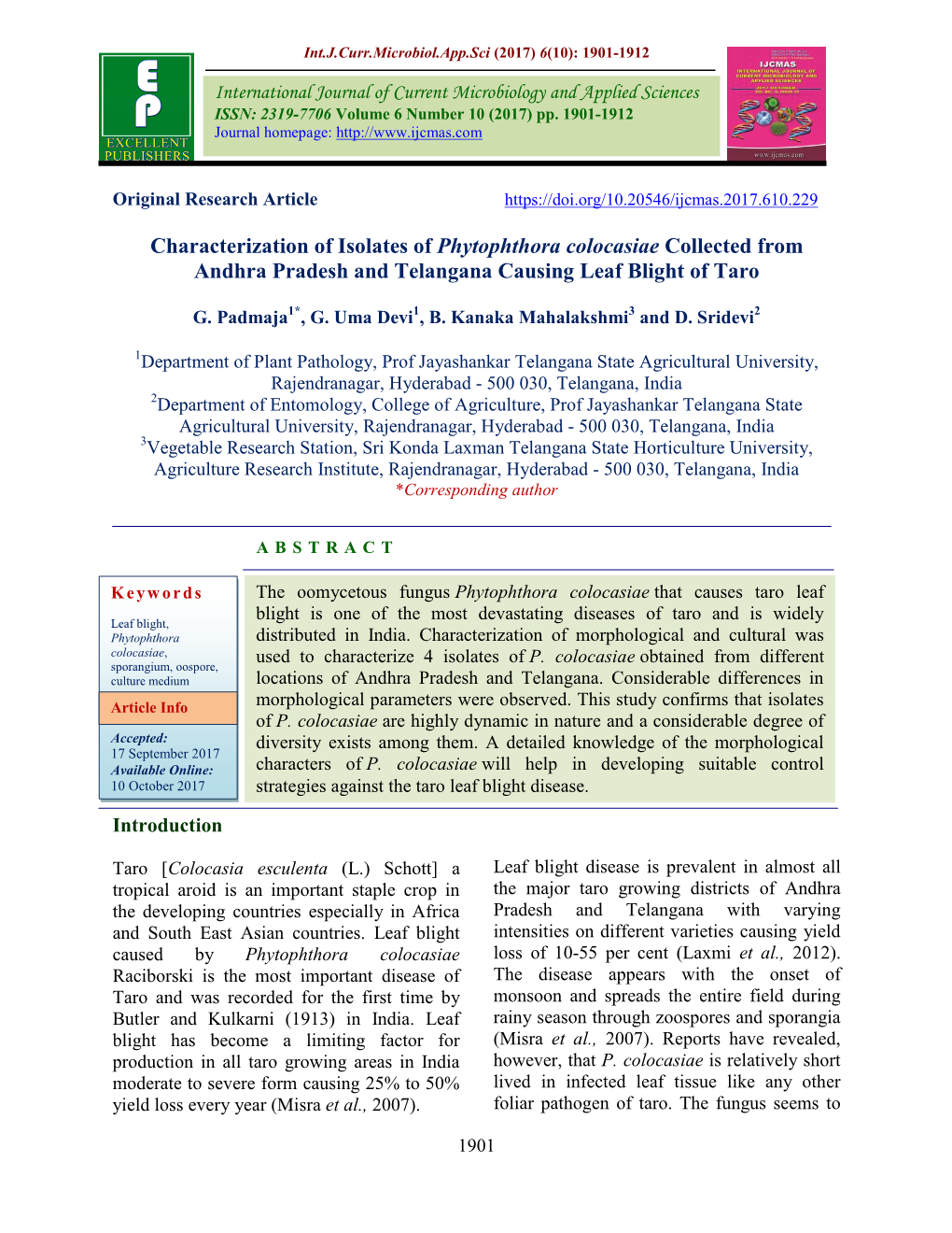 Characterization of Isolates of Phytophthora Colocasiae Collected from Andhra Pradesh and Telangana Causing Leaf Blight of Taro