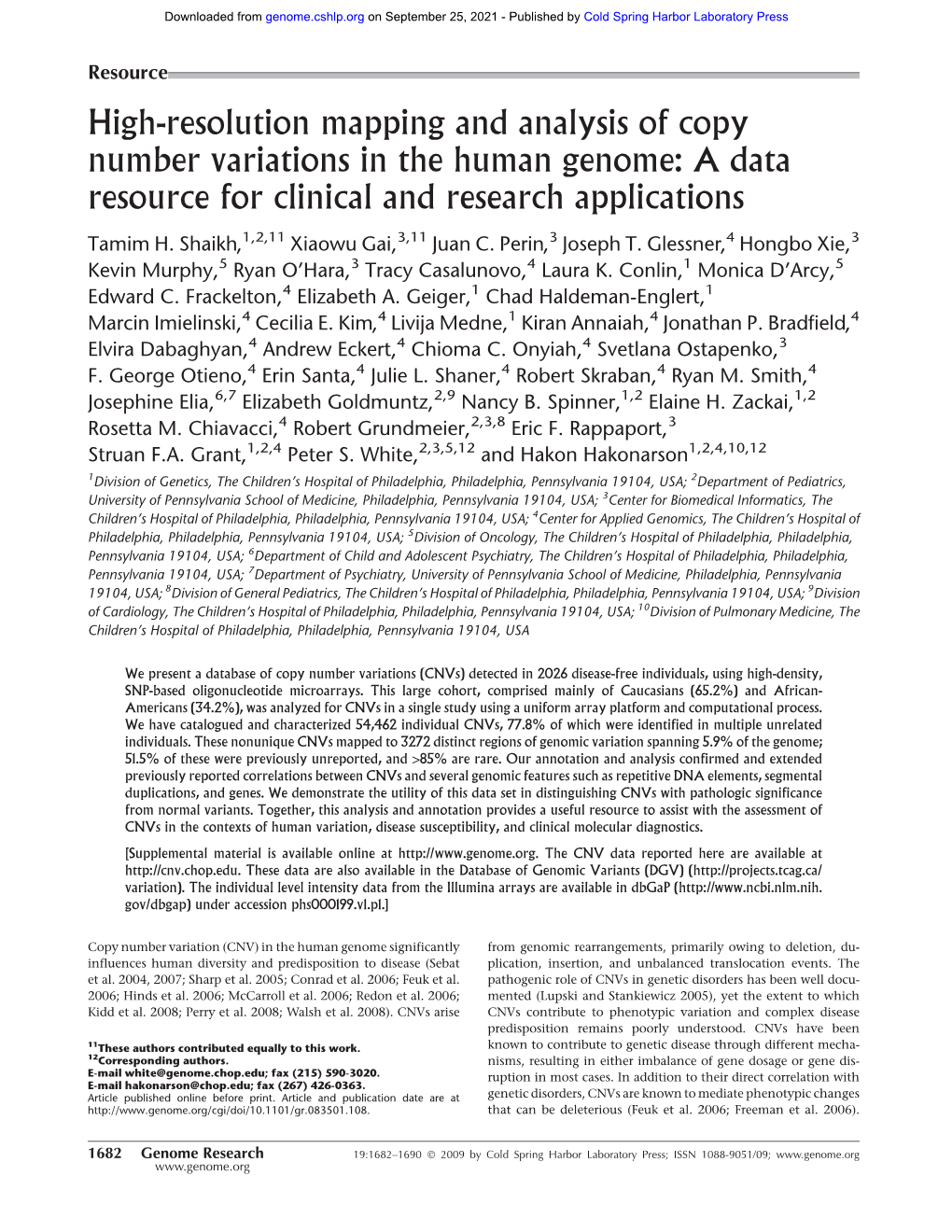 High-Resolution Mapping and Analysis of Copy Number Variations in the Human Genome: a Data Resource for Clinical and Research Applications
