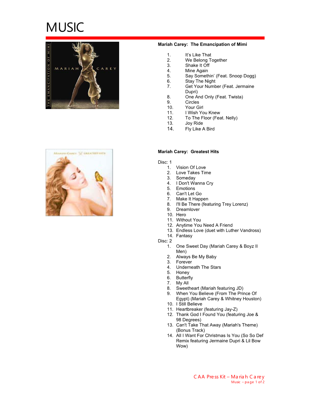 CAA Press Kit – Mariah Carey Music – Page 1 of 2 MUSIC