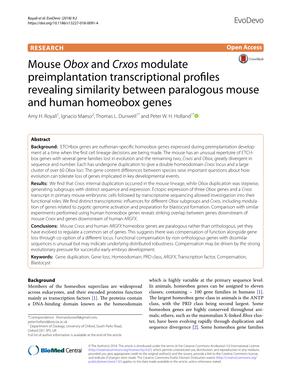 Mouse Obox and Crxos Modulate Preimplantation Transcriptional Profles Revealing Similarity Between Paralogous Mouse and Human Homeobox Genes Amy H