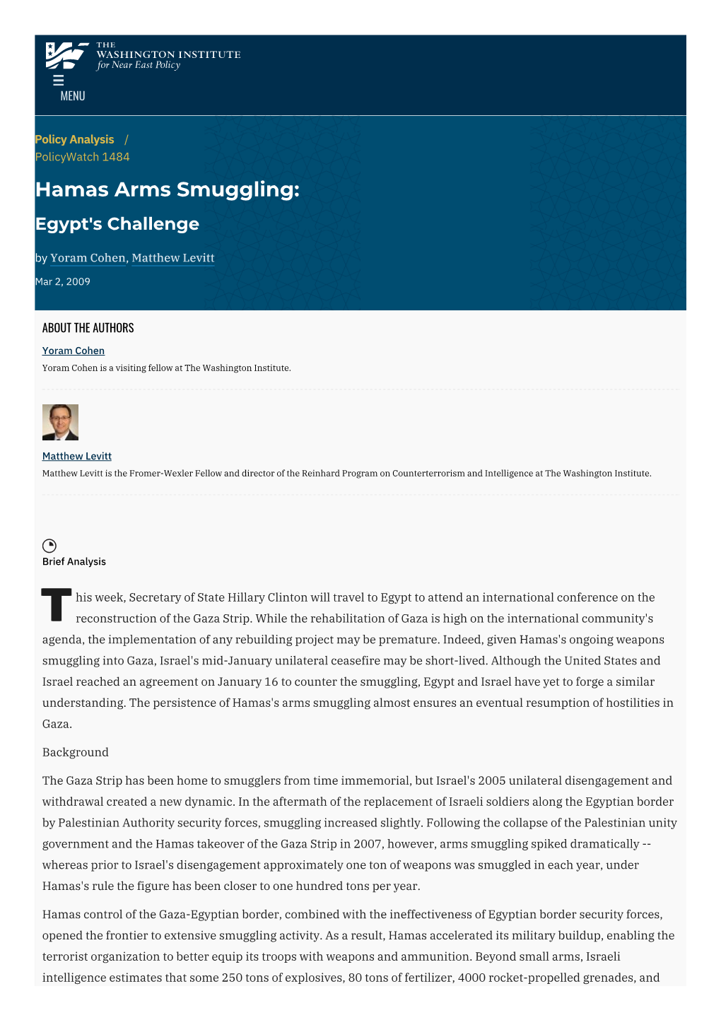 Hamas Arms Smuggling: Egypt's Challenge | the Washington Institute