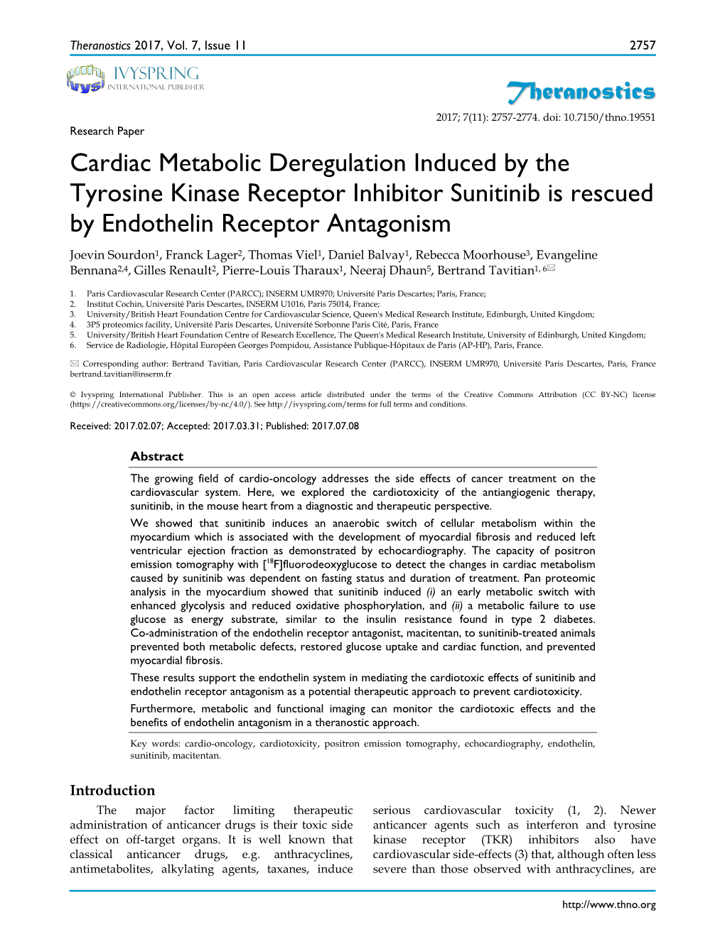 Theranostics Cardiac Metabolic Deregulation Induced by the Tyrosine Kinase Receptor Inhibitor Sunitinib Is Rescued by Endothelin