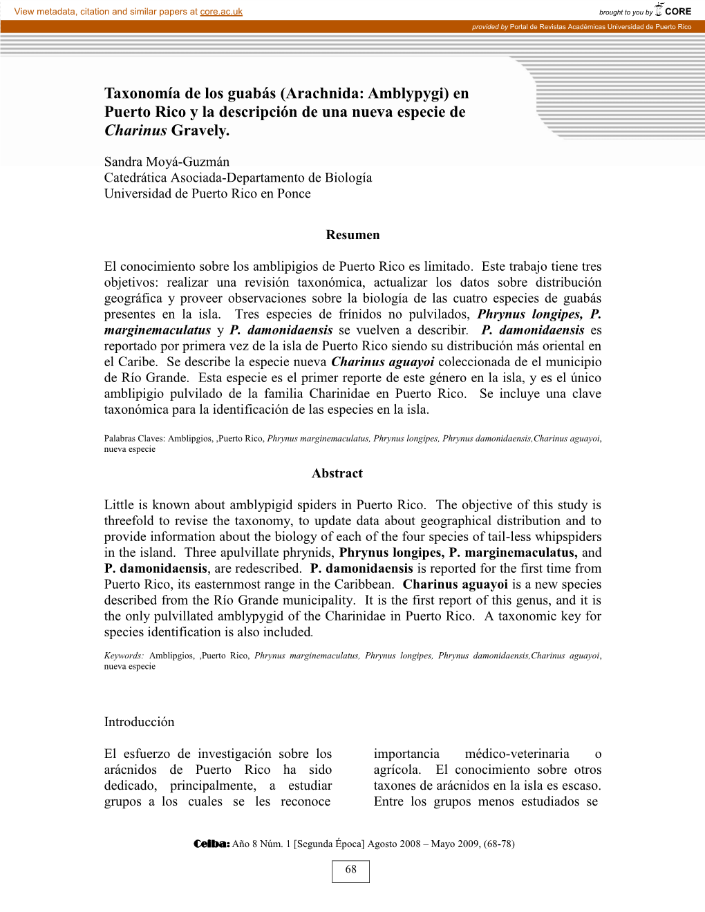 Arachnida: Amblypygi) En Puerto Rico Y La Descripción De Una Nueva Especie De Charinus Gravely