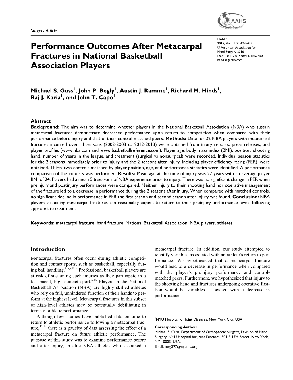 Performance Outcomes After Metacarpal Fractures in National