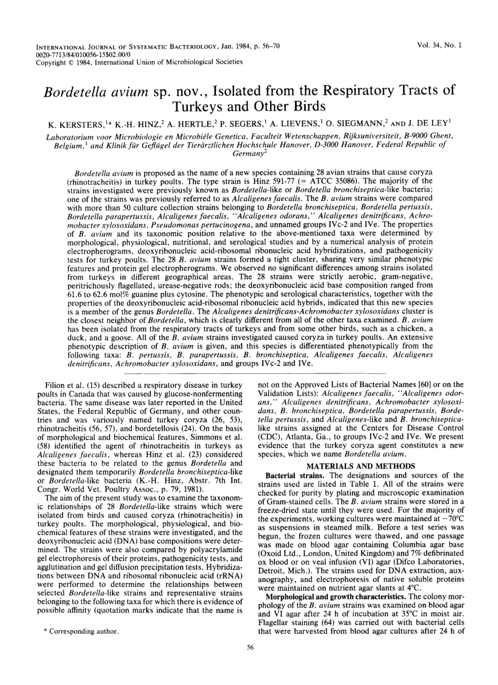 Bordetella Avium Sp. Nov., Isolated from the Respiratory Tracts of Turkeys and Other Birds K