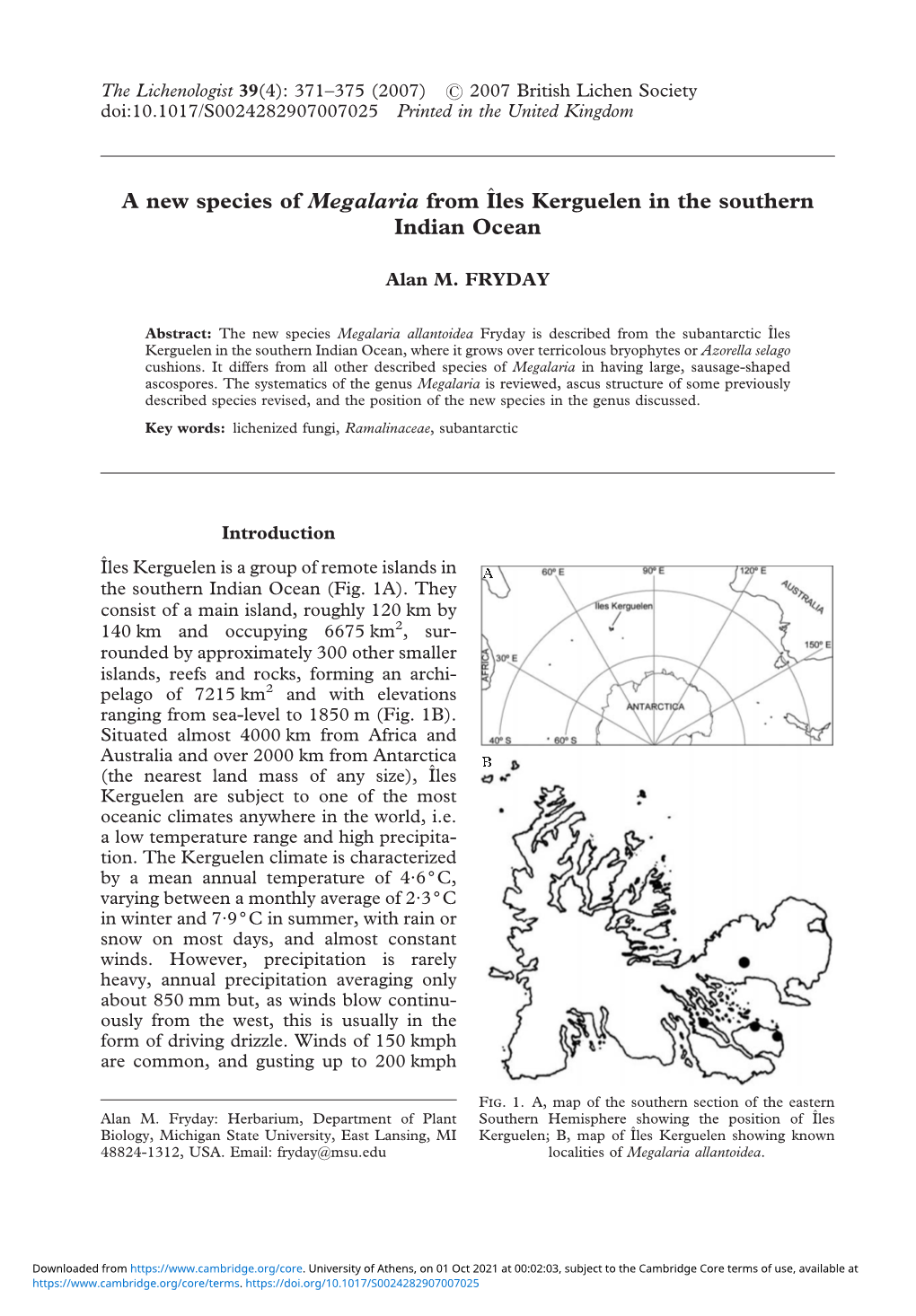 A New Species of Megalaria from I|Les Kerguelen in the Southern