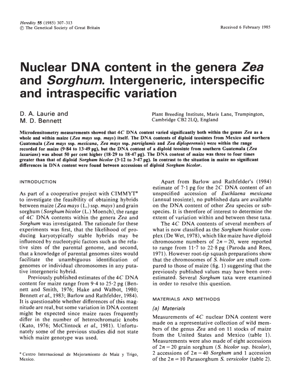 Nuclear DNA Content in the Genera Zea and Sorghum. Intergeneric, Interspecific and Intraspecific Variation