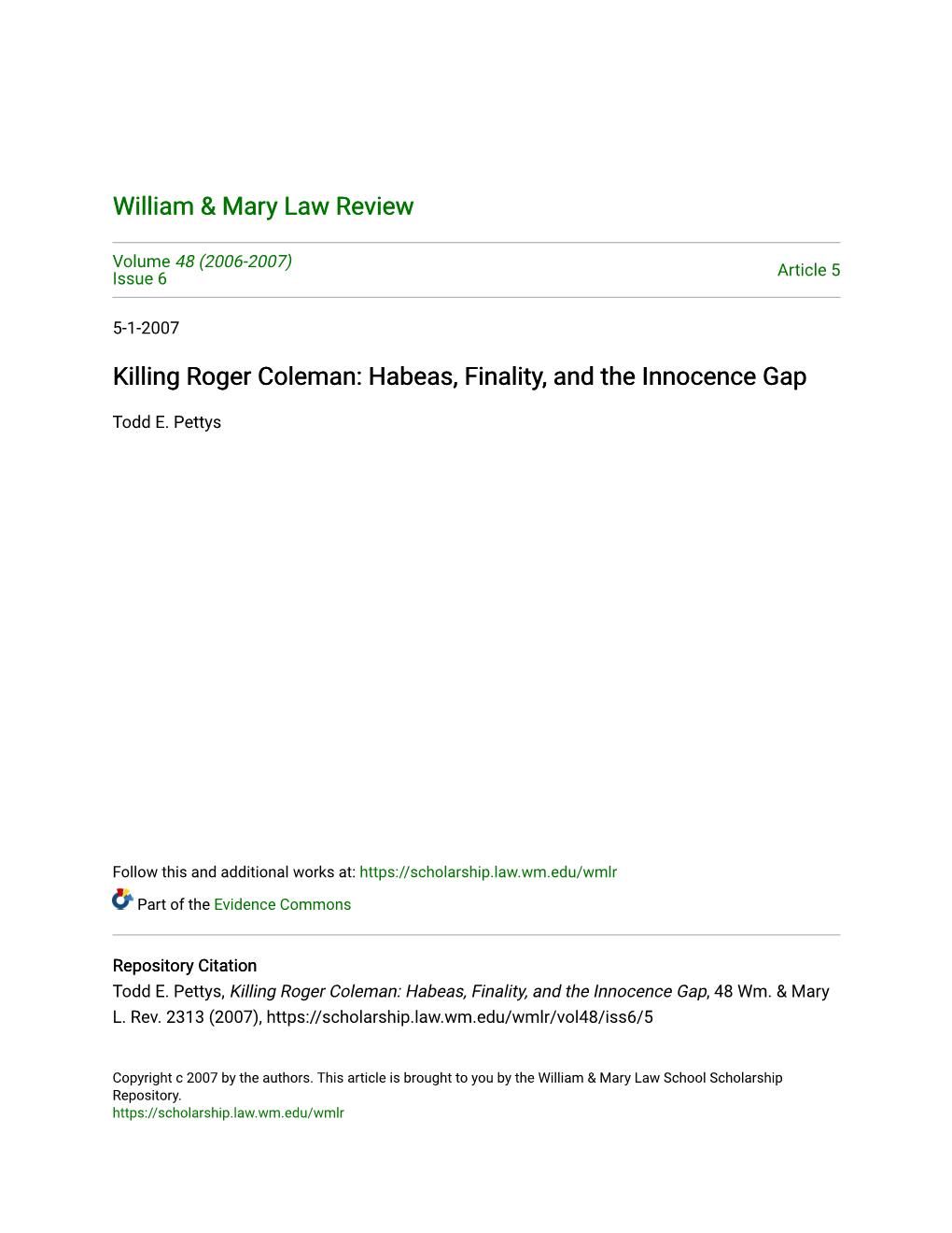 Killing Roger Coleman: Habeas, Finality, and the Innocence Gap