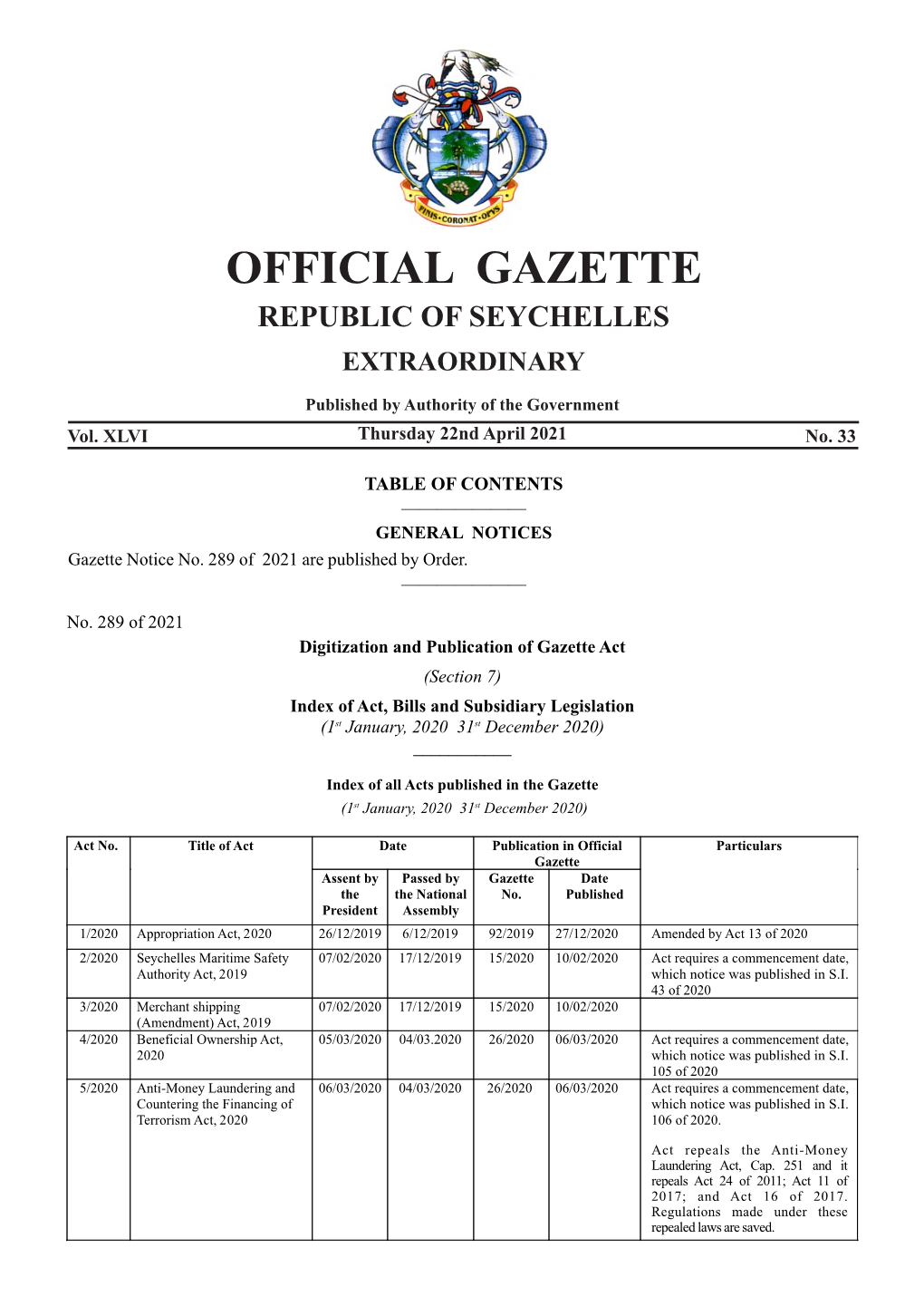 Extraordinary Gazette No 33