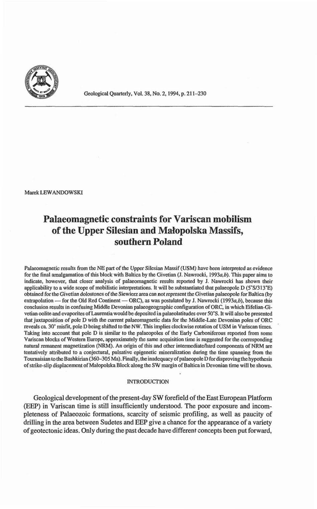 Palaeomagnetic Constraints for Variscan Mobilism of the Upper Silesian and Malopolska Massifs, Sonthern Poland