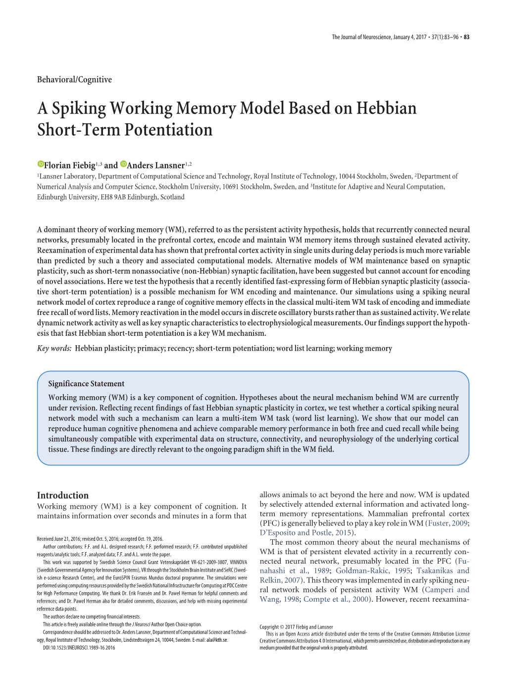 A Spiking Working Memory Model Based on Hebbian Short-Term Potentiation