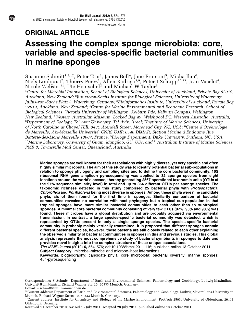 Core, Variable and Species-Specific Bacterial Communities in Marine Sponges