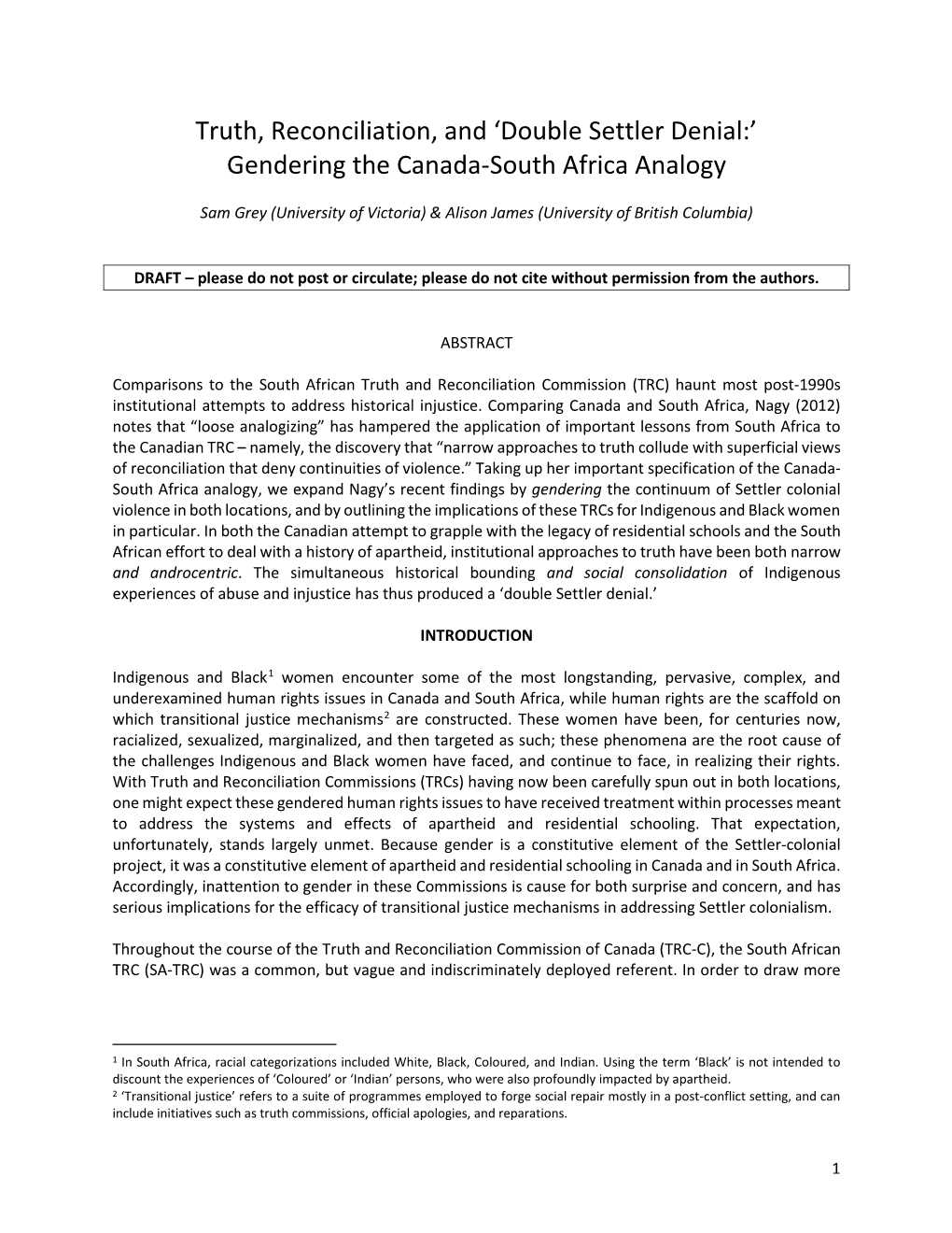 'Double Settler Denial:' Gendering the Canada-South Africa Analogy