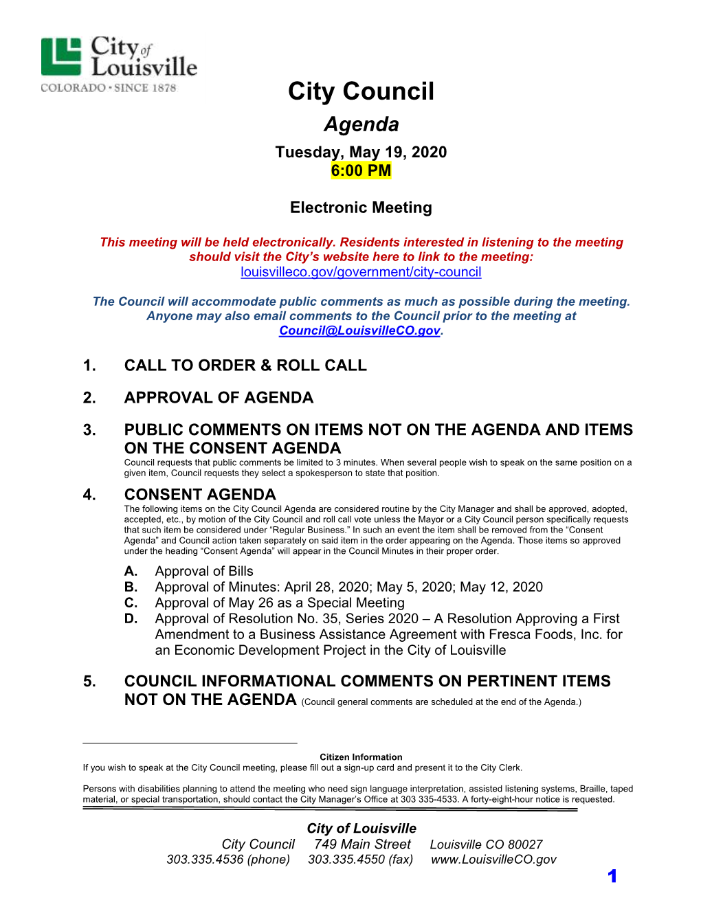 City Council Agenda Tuesday, May 19, 2020 6:00 PM