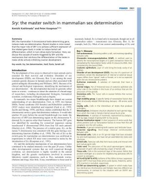 Sry: the Master Switch in Mammalian Sex Determination Kenichi Kashimada1 and Peter Koopman1,2,*