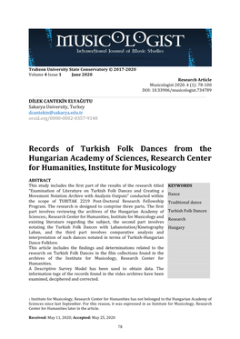 Records of Turkish Folk Dances from the Hungarian Academy of Sciences, Research Center for Humanities, Institute for Musicology