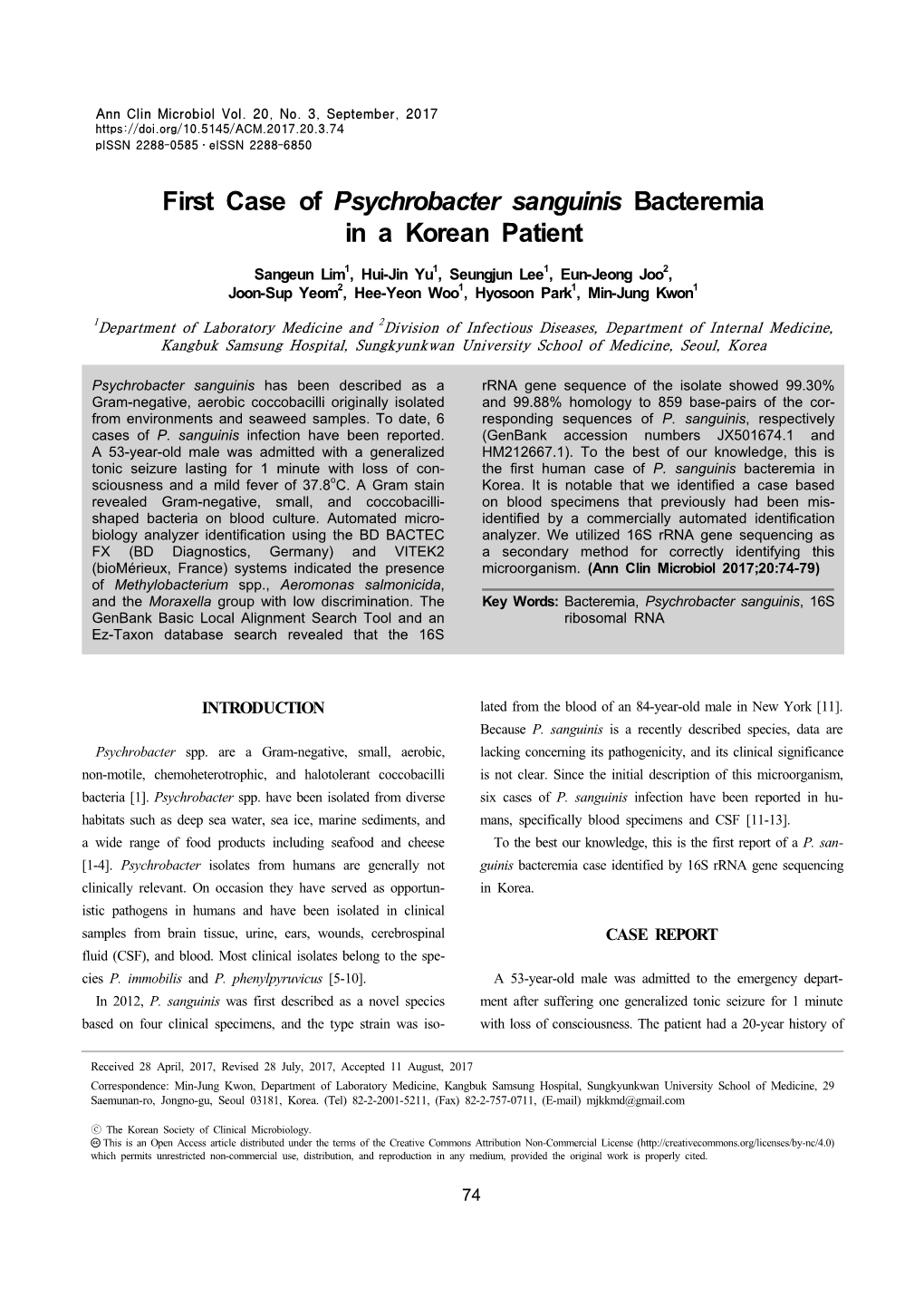 First Case of Psychrobacter Sanguinis Bacteremia in a Korean Patient